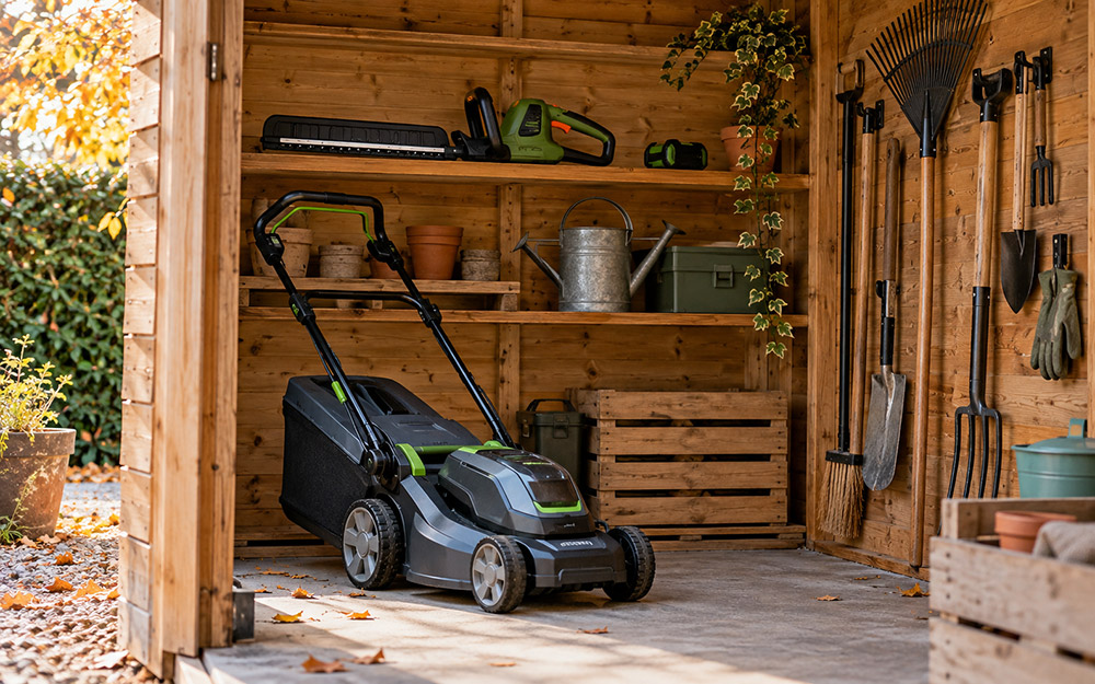 Tondeuse et outils de jardin propres rangés dans un abri sec pour l'hiver